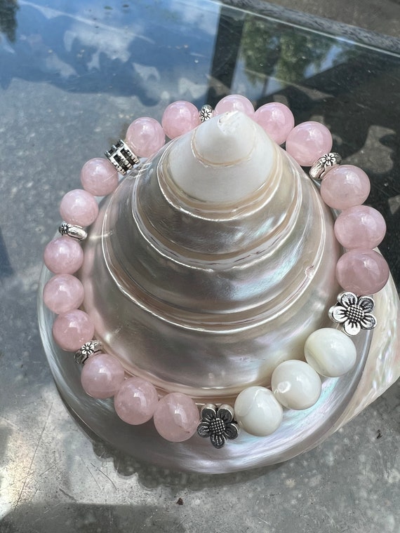 Rose Quartz  & MOP Mother Of Pearls 8 MM Gemstone Bracelet -- Love, Protection, Wisdom