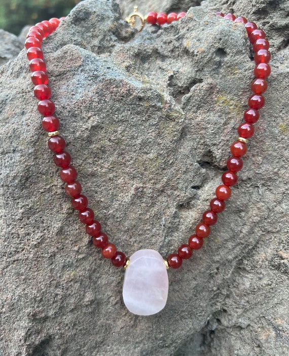 Red Agate 8mm Gemstone  20 in Necklace -- Rose Quartz  Pendant -- 14K Gold Filled Closure