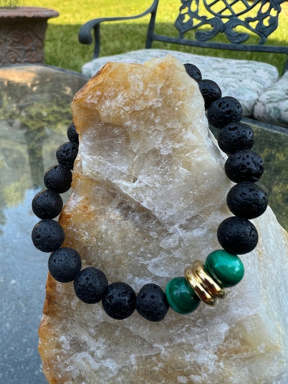 Lava Rock with Malachite Bracelet 8 MM Gemstones -- Protection, Courage, Perseverance