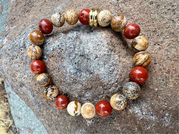 Red and Picture 8mm Jasper Gemstone Bracelet with a 10mm Golden Steel Spacer - Courage & Healing