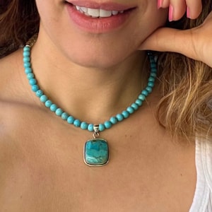 Exclusive Genuine Turquoise and Citrine Beaded 15in Necklace   -- Turquoise Sterling Silver Pendant --  Sterling Silver Closure & Spacers