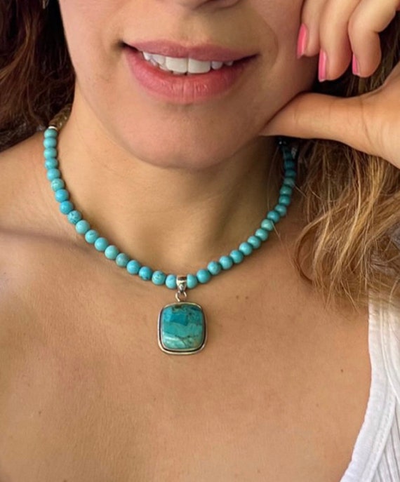 Exclusive Genuine Turquoise and Citrine Beaded 15in Necklace   -- Turquoise Sterling Silver Pendant --  Sterling Silver Closure & Spacers