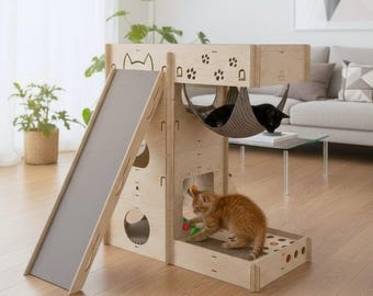 PIXIE cat tree, tower . Beds, toys, hammocks, sisal rope scratching posts, walkways. Modern cat furniture, playground and climbing wall.