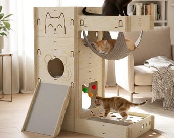 CHEESE Katzenbaum, -turm. Betten, Spielzeug, Hängematten, Sisalseil-Kratzbäume, Laufstege. Moderne Katzenmöbel, Spielplatz und Kletterwand.