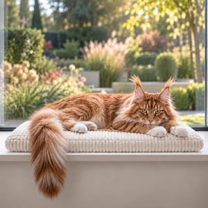 May include: A long-haired ginger Maine Coon cat with white paws and ear tufts resting on a rectangular, cream-colored, corduroy-textured cushion. The cat is lying down with its long, bushy tail draped over the edge of the cushion.