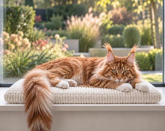 Puede incluir: Un gato Maine Coon de pelo largo color jengibre con patas blancas y mechones en las orejas, descansando sobre un cojín rectangular de color crema con textura de pana. El gato está tumbado con su larga cola tupida sobre el borde.