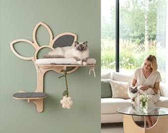 DAISY DUO – Modern wall-mounted cat furniture with beds,scratching felt and toy,Handmade shelves in natural plywood with milky-colored beds.