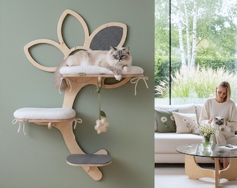 DAISY TRIO – Modern wall-mounted cat furniture with beds,scratching felt and toy, Handmade shelves, natural plywood with milky-colored beds.