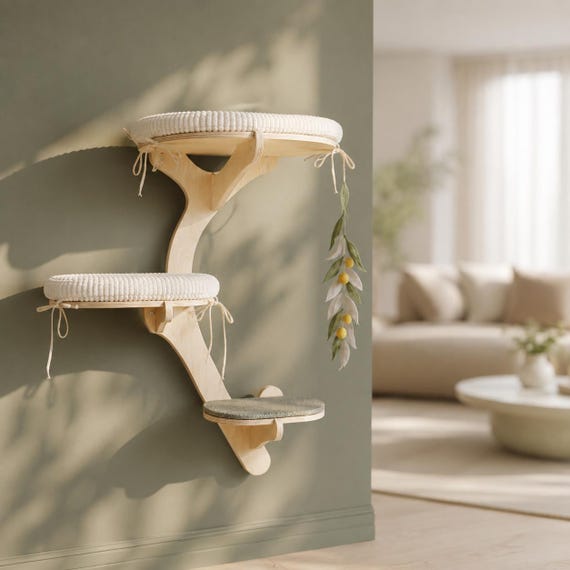 OLIVE cat tree. Wall furniture with beds, scratching felt, toy. Modern cat tower with handmade shelves. customizable design.