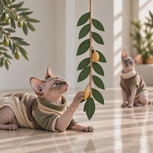 May include: A hanging cat toy shaped like an olive branch with dark green felt leaves and two yellow olives attached to a central stem. The toy is suspended vertically, featuring stitched details on the leaves and textured fabric olives.
