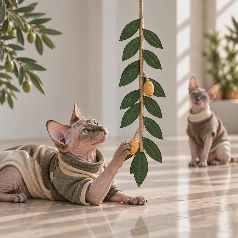 May include: A hanging cat toy shaped like an olive branch with dark green felt leaves and two yellow olives attached to a central stem. The toy is suspended vertically, featuring stitched details on the leaves and textured fabric olives.