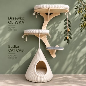 May include: A wall-mounted cat tree with light wood supports, two circular platforms with cream-colored ribbed cushions, and a cone-shaped cat hideout. A decorative branch with green leaves and yellow olives hangs from the top platform.