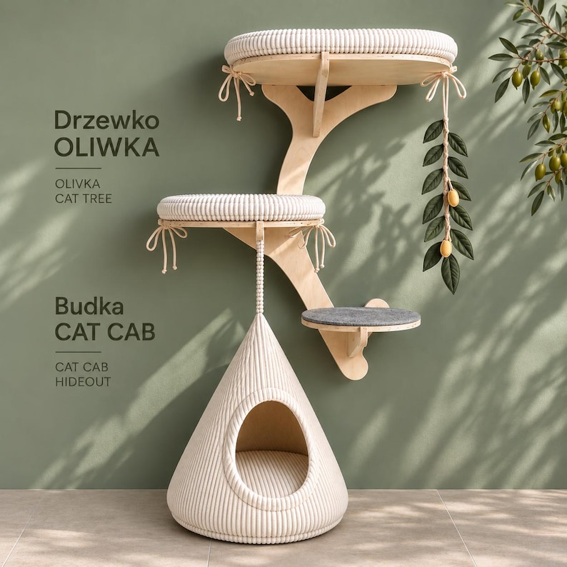May include: A wall-mounted cat tree with light wood supports, two circular platforms with cream-colored ribbed cushions, and a cone-shaped cat hideout. A decorative branch with green leaves and yellow olives hangs from the top platform.