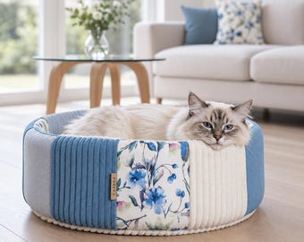 PATCHWORK AQUA - cat & dog premium bed pillow, mat. Handmade, warm, comfortable pet shelter. Pet-friendly, washable.
