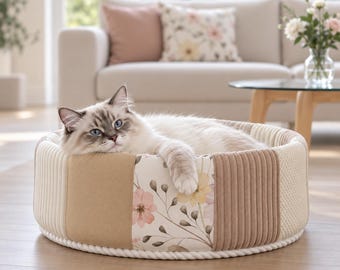 PATCHWORK LOVE NATURAL - cat & dog premium bed pillow, mat. Handmade, warm, comfortable pet shelter. Pet-friendly, washable.