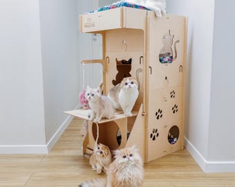 ELF HOME cat tree, tower . Beds, toys, hammocks, sisal rope scratching posts, walkways. Modern cat furniture, playground and climbing wall.