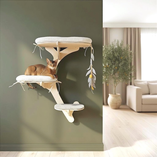 Albero per gatti OLIVE. Mobile da parete con cucce, tiragraffi in feltro e giocattolo. Moderna torre per gatti con ripiani realizzati a mano. Design personalizzabile.