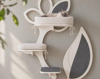 DAISY TRIO + LEAF Set - Wall furniture with beds, scratching felt, toys. Modern cat tree with handmade shelves. customizable design.