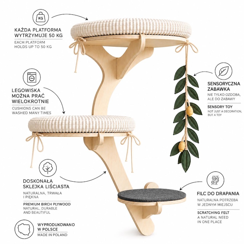 May include: A wall-mounted cat tree made of light-colored birch plywood with three tiered platforms. Two platforms feature round, cream-colored textured cushions with tie-fasteners, while the lowest platform has a dark gray felt pad. A hanging green leaf toy with yellow accents is attached to the top tier.
