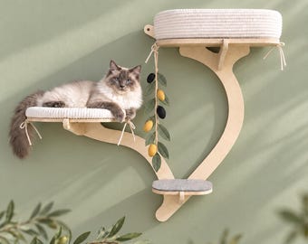 OLIVE PRO cat tree. Wall furniture with beds, scratching felt, toy. Modern cat tower with handmade shelves. customizable design.