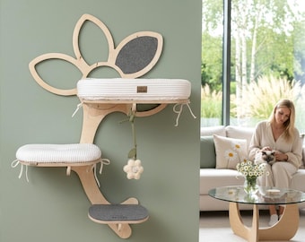 DAISY TRIO NEST - Wall furniture with beds, scratching felt, toys. Modern cat tree with handmade shelves. Playground and climbing wall.