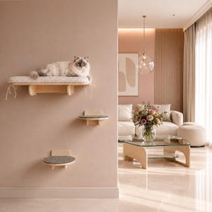 CONJUNTO 9 - parede de escalada com degraus, cama e arranhador de feltro. Móveis modernos de madeira para gatos, prateleiras. Adicione pontes, ninhos e prateleiras.
