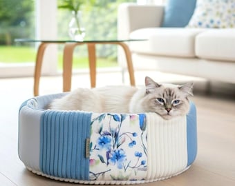 PATCHWORK AQUA - cat & dog premium bed pillow, mat. Handmade, warm, comfortable pet shelter. Pet-friendly, washable.