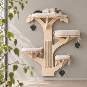 May include: A wall-mounted cat tree made of light-colored wood featuring four circular platforms with white ribbed cushions. The structure includes a vertical rope scratching section and decorative hanging dark green leaf-shaped fabric ornaments.