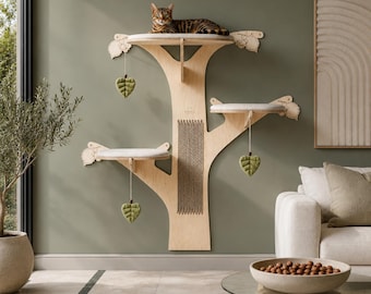 HAZEL cat tree - modern cat wall furniture, perch. Multifunctional cat tower: scratching post, beds, climb branches. Toys & decorations.