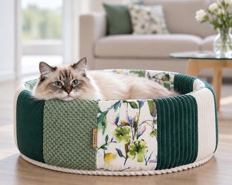 PATCHWORK FOREST - cat & dog premium bed pillow, mat. Handmade, warm, comfortable pet shelter. Pet-friendly, washable.