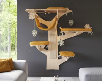 MAPLE cat tree - modern cat wall furniture, perch. Cat tower with: branches, scratching post, beds, hammock, climb branches with toys.