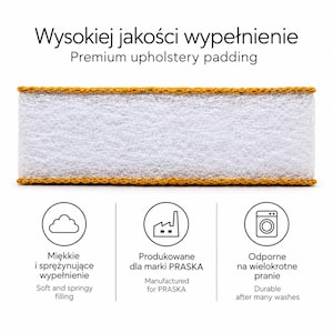 May include: A rectangular piece of white fibrous upholstery padding with orange stitched edges. Text reads: Wysokiej jakości wypełnienie, Premium upholstery padding, Miękkie i sprężynujące wypełnienie, Soft and springy filling, Produkowane dla marki PRASKA, Manufactured for PRASKA, Odporne na wielokrotne pranie, Durable after many washes.