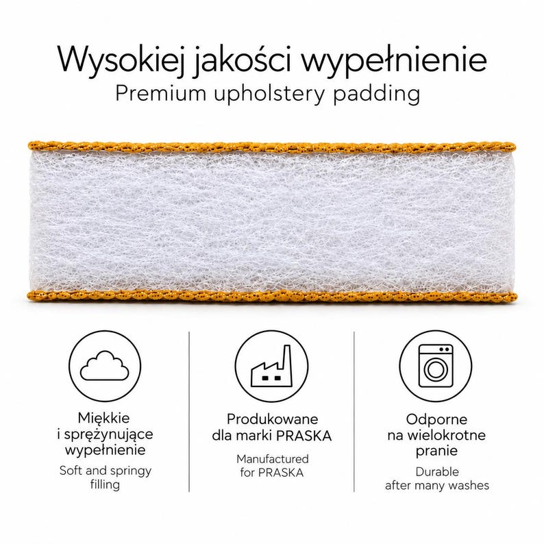 May include: A rectangular piece of white fibrous upholstery padding with orange stitched edges. Text reads: Wysokiej jakości wypełnienie, Premium upholstery padding, Miękkie i sprężynujące wypełnienie, Soft and springy filling, Produkowane dla marki PRASKA, Manufactured for PRASKA, Odporne na wielokrotne pranie, Durable after many washes.