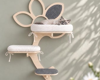 DAISY TRIO NEST - Wall furniture with beds, scratching felt, toys. Modern cat tree with handmade shelves. Playground and climbing wall.