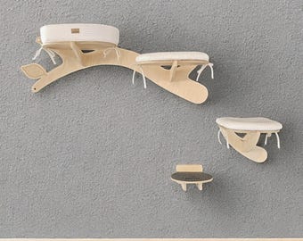 BRANCH set 4 - cat tree perches, branch with beds. Modern cat wall mounted furniture. Shelves, climb step, felt scratcher. Warm, washable