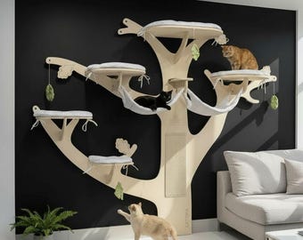 OAK II cat tree for big cats - modern cat wall furniture, perch. Multifunctional cat tower: scratching post, beds, hammock.