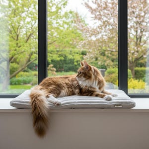 Puede incluir: Un gato de pelo largo naranja y blanco descansando sobre una alfombrilla rectangular acolchada de color gris claro. El gato tiene una cola esponjosa que cuelga por el borde de la alfombrilla, situada en un alféizar blanco ante una ventana.