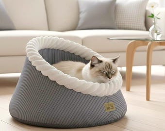 HIDE'IN GOODY - 猫と小型犬用洞窟型ベッド | 洗濯可能で居心地の良いペット用隠れ家、暖かいフェイクファーのシェルター、手作り 50cm