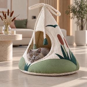 Pode incluir: Uma tenda para animais de estimação em veludo cotelê creme com abertura triangular, apresentando remendos de tecido verde na base e plantas de taboa bordadas na lateral. Um gato cinzento descansa dentro da estrutura, com laços de corda trançada.