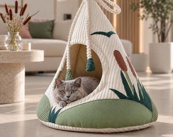 CAT CAB FOREST - bed, shelter, cave, cat bed, house with cushion, pillow. Warm, comfortable and washable. Ø50