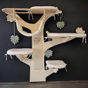 MAPLE cat tree - modern cat wall furniture, perch. Cat tower with: branches, scratching post, beds, hammock, climb branches with toys.