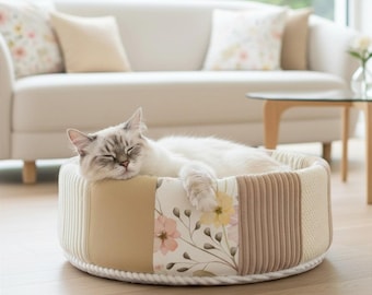 PATCHWORK LOVE NATURAL - cat & dog premium bed pillow, mat. Handmade, warm, comfortable pet shelter. Pet-friendly, washable.