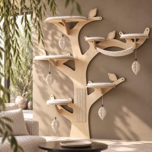 May include: A wall-mounted cat tree made of light-colored wood, featuring multiple tiered platforms with white cushions, a central scratching post section, and several hanging leaf-shaped toys suspended from the branches.
