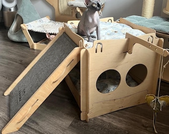 HOME - cat house shelter with beds, toy, scratching post. Replacable felt. Unique cat tower, playground - modular build.