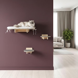 SET 9 - climbing wall set with steps, bed and felt scratcher. Modern cat wall mounted wooden furniture, shelves. Add bridges, nests, shelf.