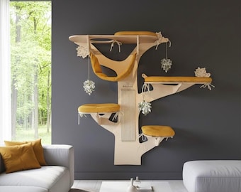 MAPLE Katzenbaum – modernes Katzenmöbel für die Wand, Aussichtsplattform. Katzenturm mit: Ästen, Kratzbaum, Liegeflächen, Hängematte, Kletterästen mit Spielzeug.