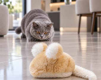 以下が含まれることがあります： 2つの丸い耳と長い尻尾を持つ、ふわふわしたベージュと白のぬいぐるみ。タイルの床の上に置かれており、その前にはオレンジ色の目をした灰色のブリティッシュショートヘアの猫がしゃがみ込み、集中した様子でそのおもちゃを見つめている。