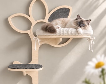 DAISY DUO – Modern wall-mounted cat furniture with beds,scratching felt and toy,Handmade shelves in natural plywood with milky-colored beds.