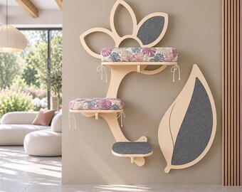 DAISY TRIO + LEAF Set - Wall furniture with beds, scratching felt, toys. Modern cat tree with handmade shelves. customizable design.