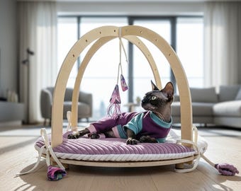 ARENA TWIST sensory cat playground. Beds, toys and mats. Multifunctional cat house. Choose plywood & fabrics. Plywood cat furniture.